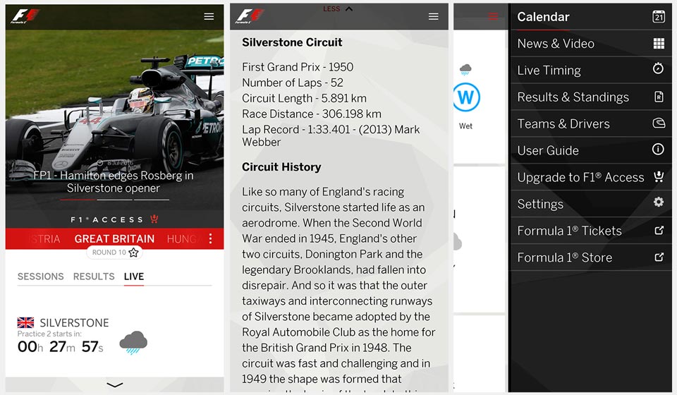 tampilan aplikasi formula 1 windows 10 mobile