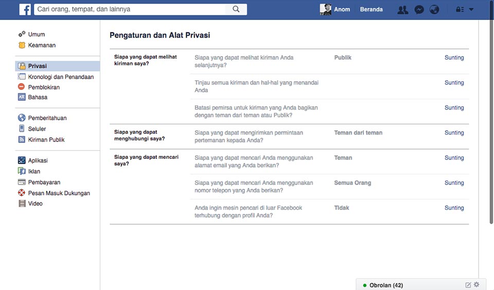 pengaturan privasi facebook di browser