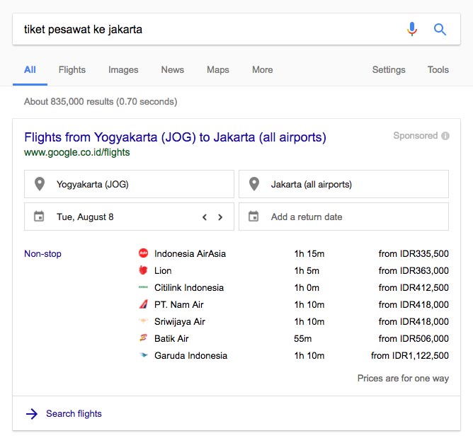 hasil pencarian harga tiket pesawat di google
