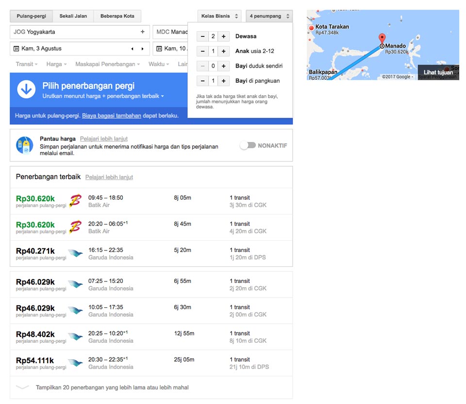hasil pencarian tiket pesawat google flight lebih detil