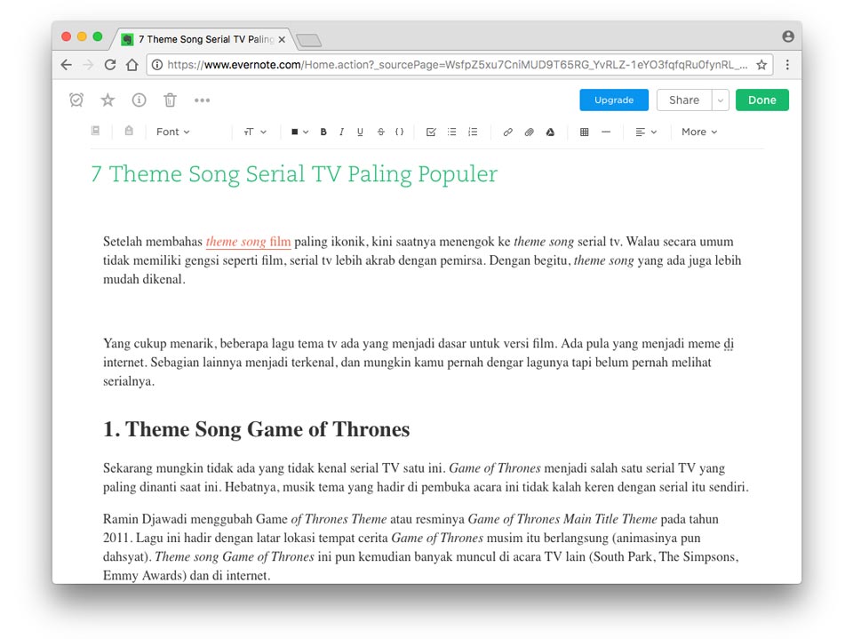 penampilan aplikasi evernote