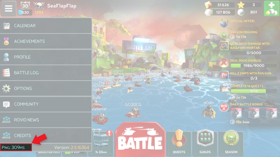 ping di game MOBA battle bay