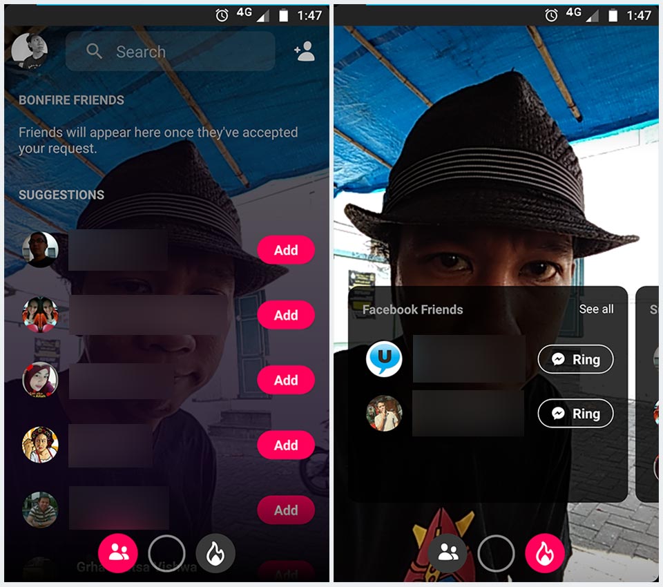 tampilan aplikasi video call bonfire facebook