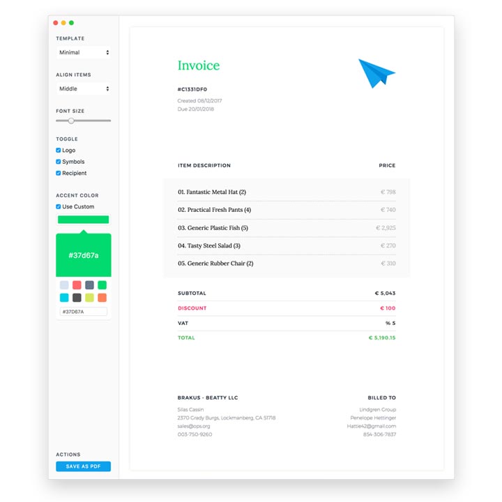 penampilan invoice aplikasi manta