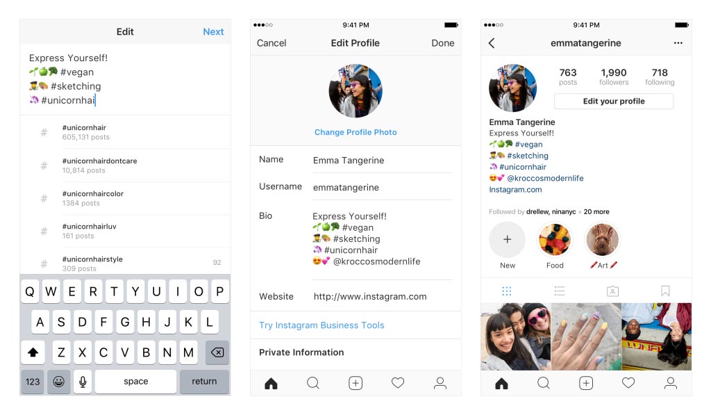 memasang hashtag dan profil di bio