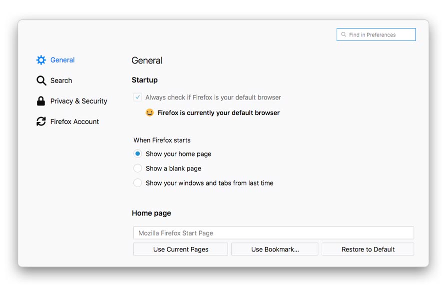 setelan home page firefox