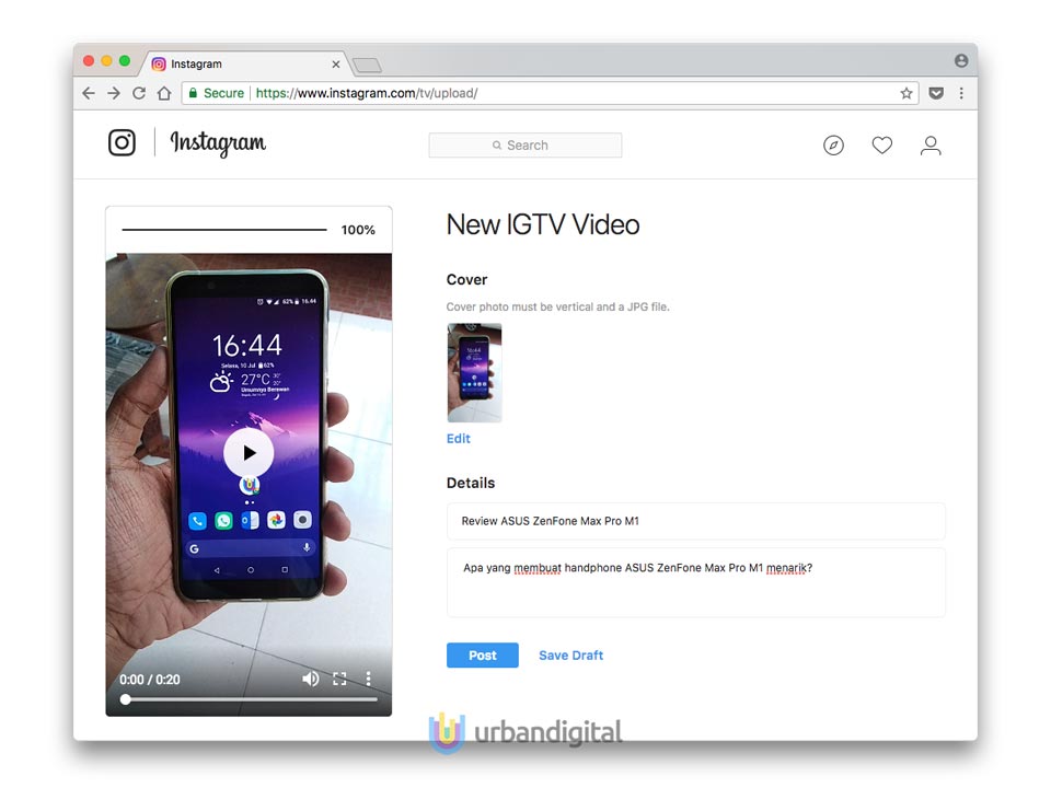 tampilan upload video igtv di komputer