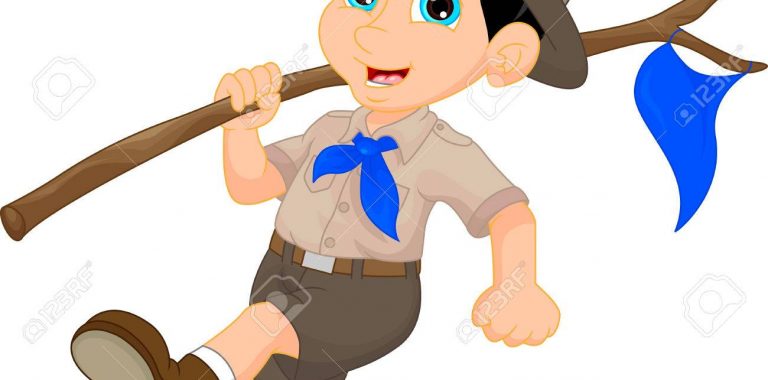 59701075 cartoon boy scout holding blue flag