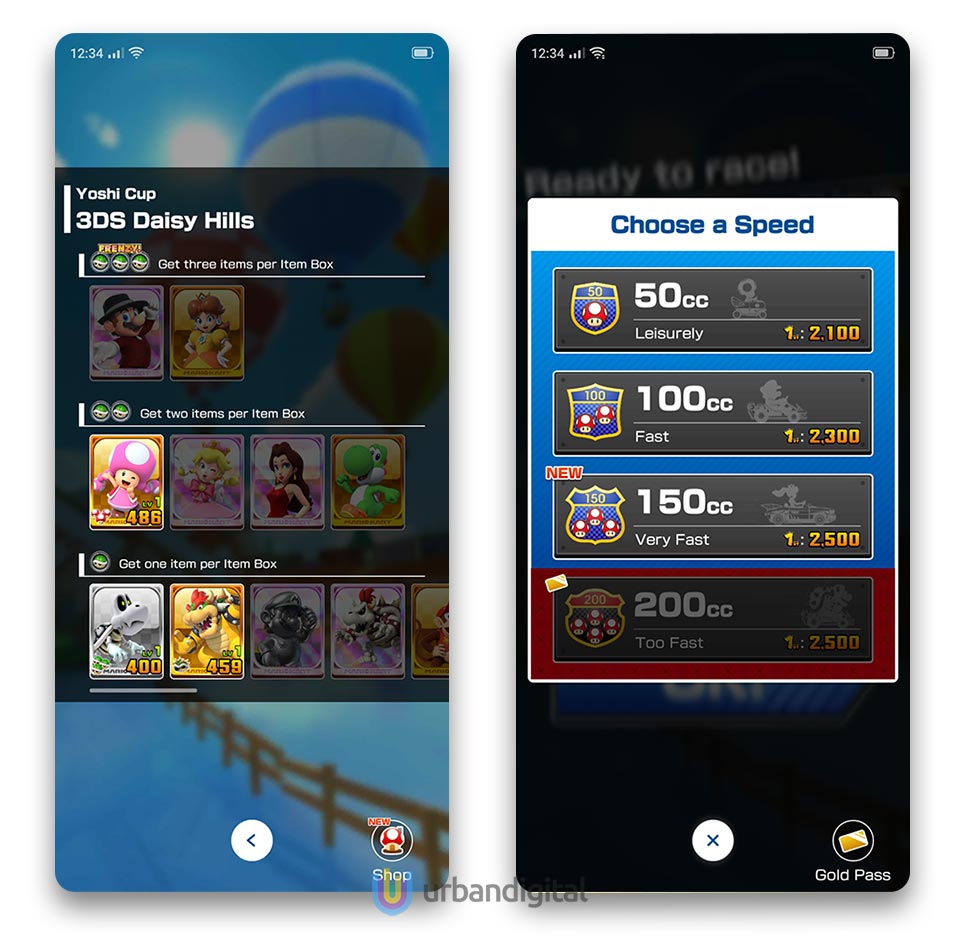 Pilihan karakter dan level kecepatan saat mau mulai balapan di game mario kart tour