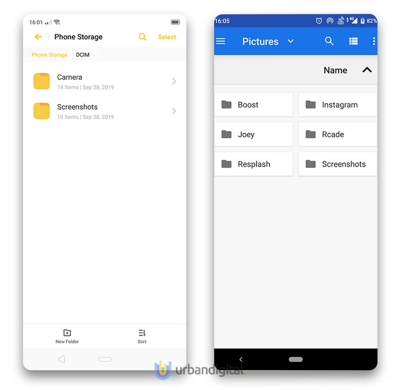 Perbandingan folder screenshot di ColorOS dan Stock Android