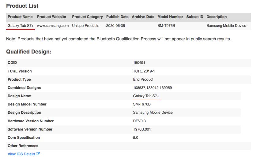 kualifikasi Galaxy Tab S7+ di Bluetooth SIG