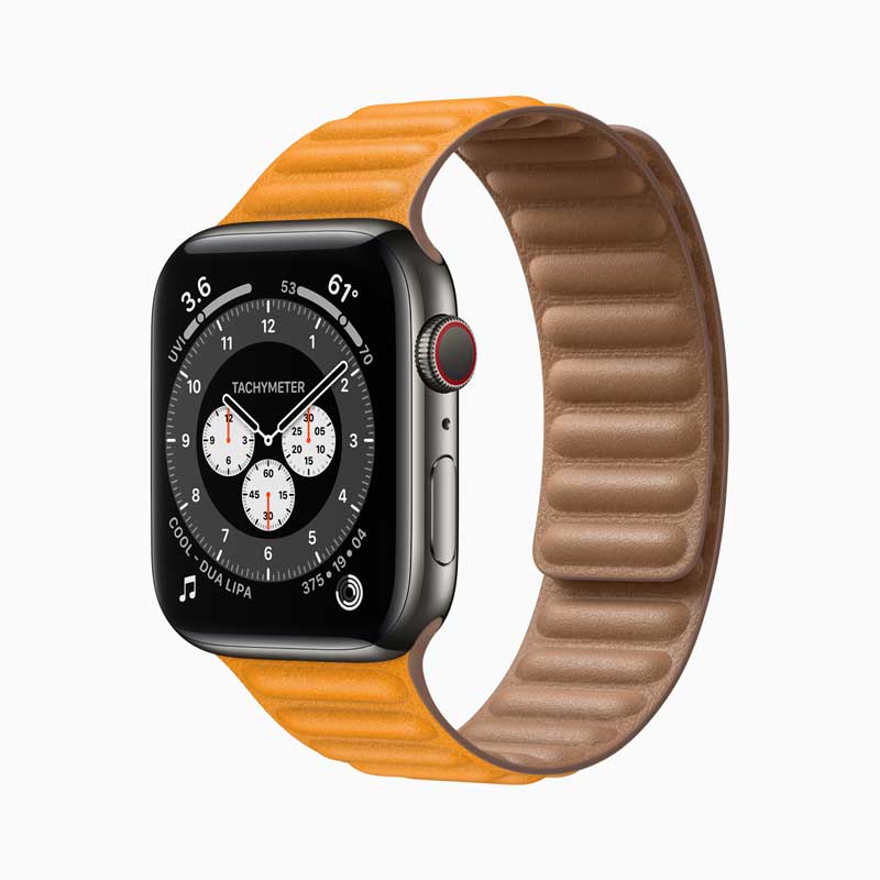 Apple watch series 6 stainless steel dark gray case orange tan band