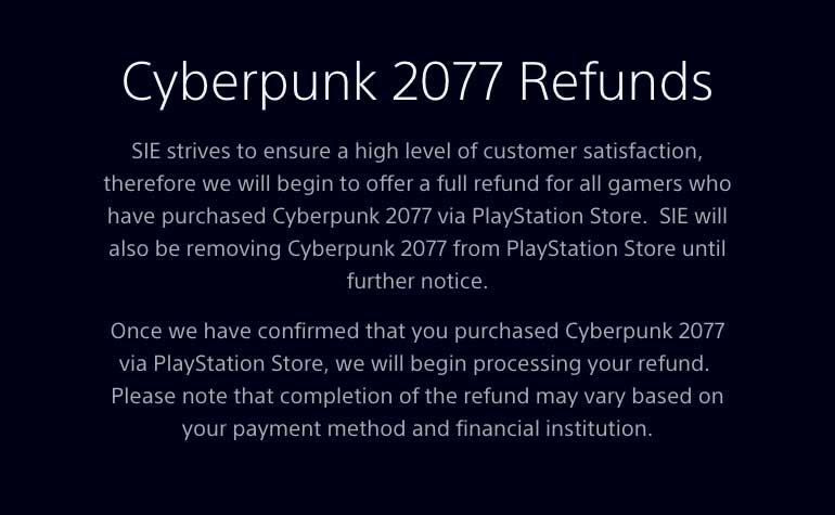 sony refund cyberpunk 2077 playstation