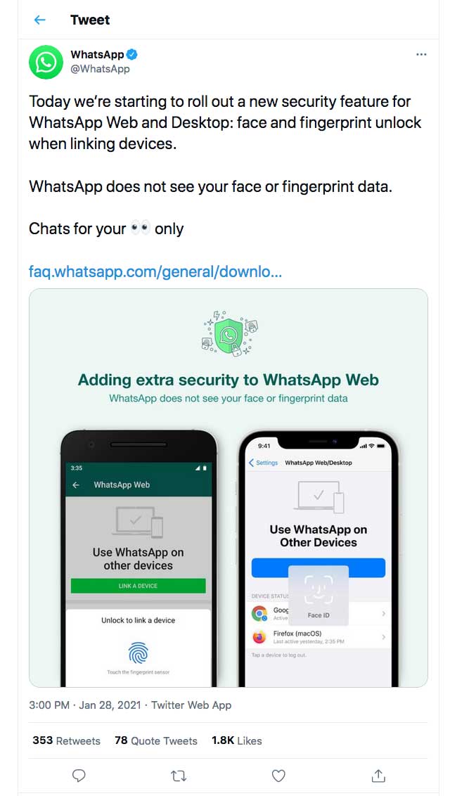 tweet pengamanan sidik jari dan pengenalan wajah whatsapp web desktop