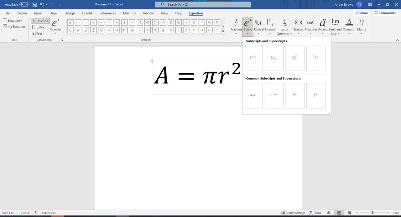 menegtik tanda pangkat dengan fungsi equation di ms word