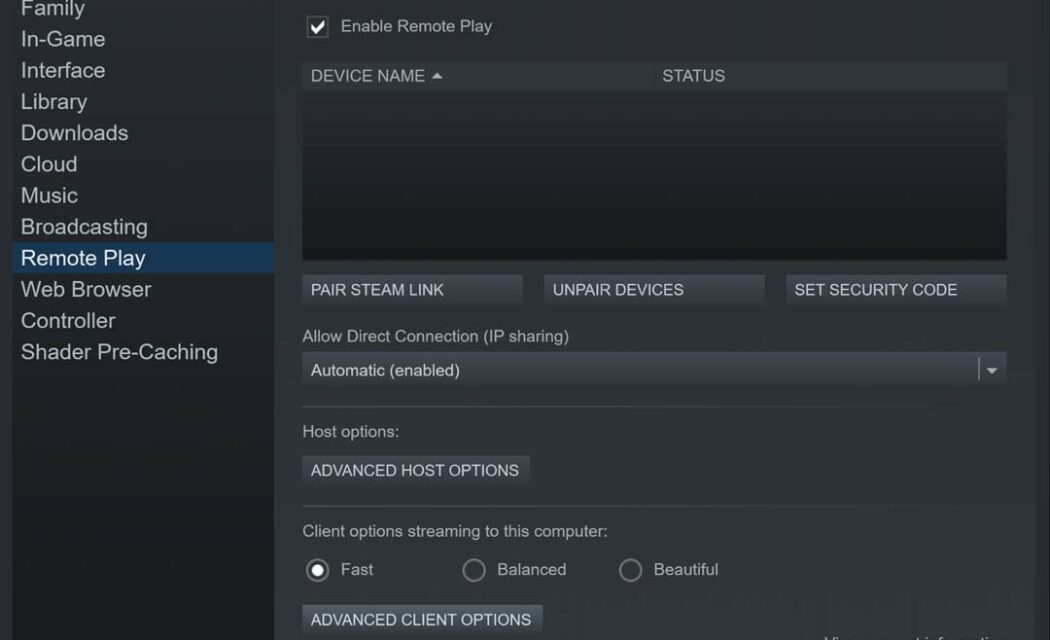 aktifkan remote play di setting aplikasi steam pc