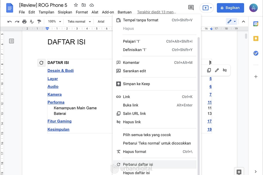 perbarui daftar isi google docs