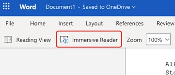 immersive reader button in ms word ribbon