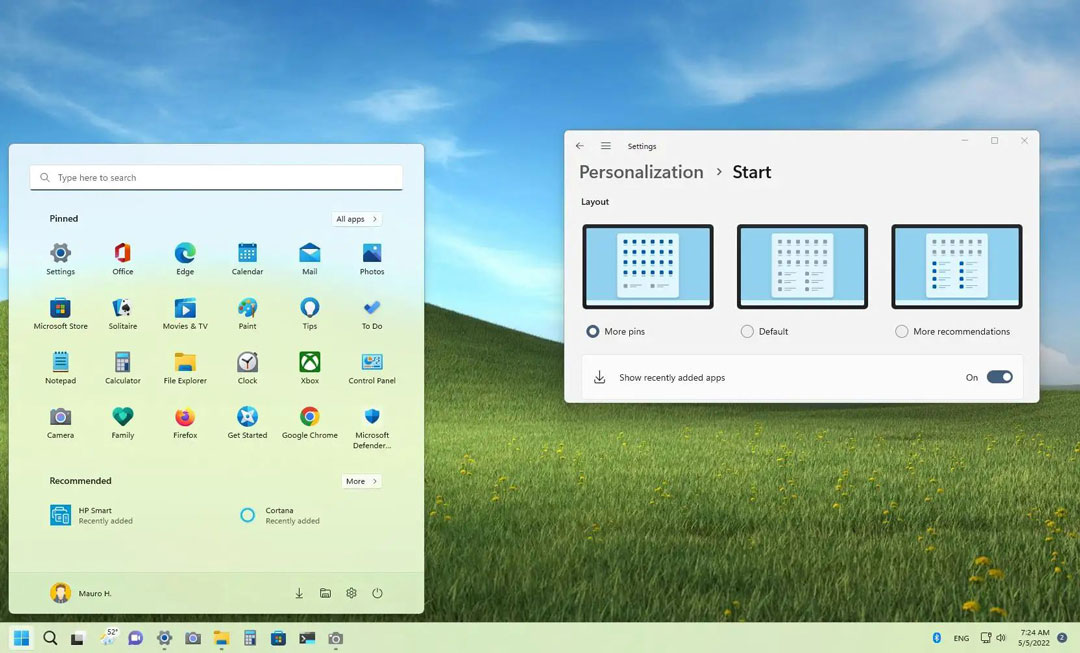 pilihan start menu update windows 11 2022