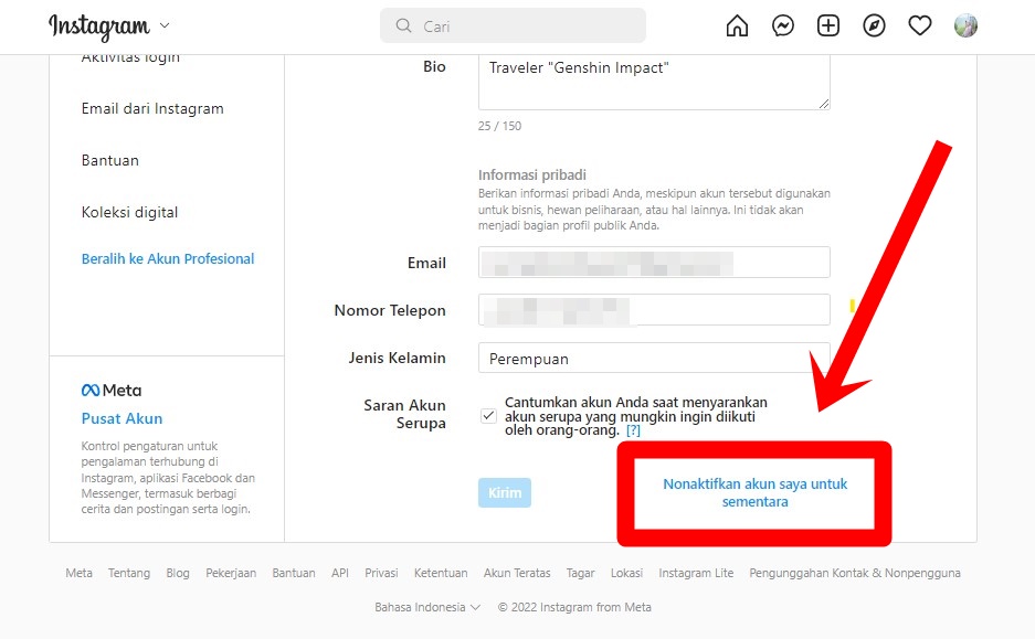 cara menonaktifkan instagram