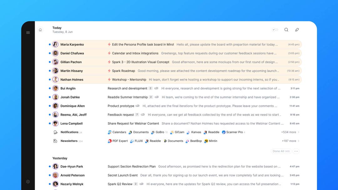 tampilan prioritas pengirim di aplikasi email spark