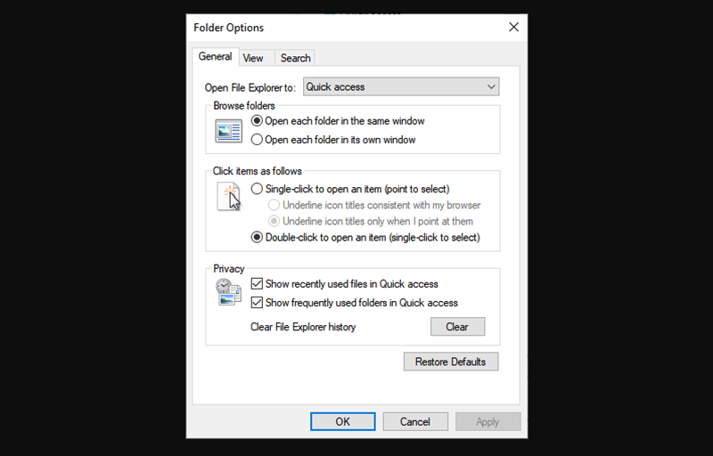 Klik tombol Clear untuk menghapus file explorer history - menghapus recent files windows
