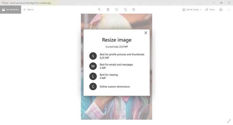 Mengubah besar file foto (resize) di Photos Windows 10