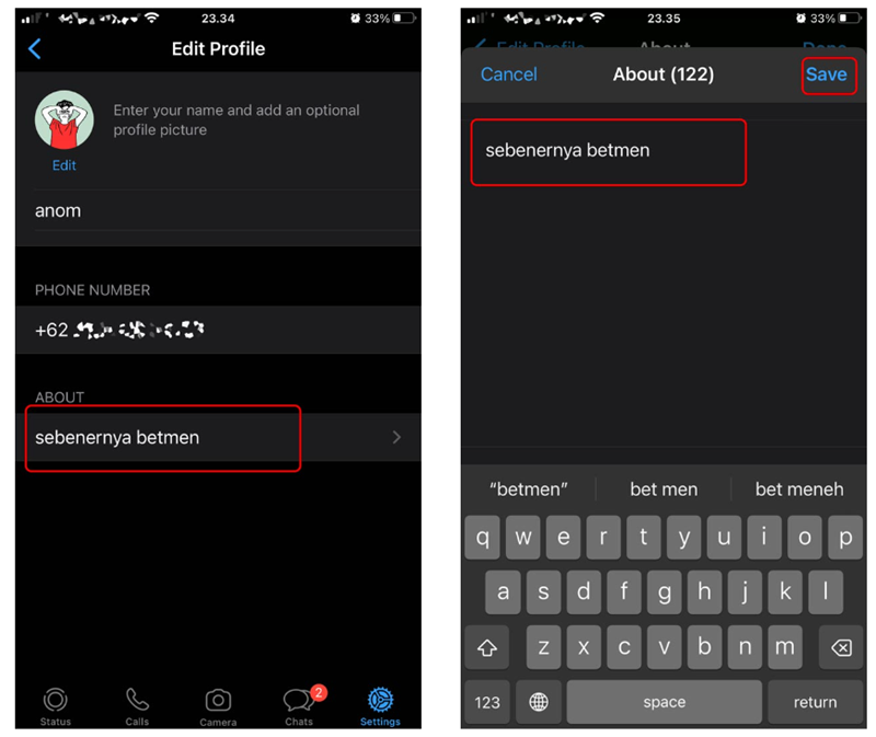 Mengubah status WhatsApp versi klasik (AboutTentang) 2