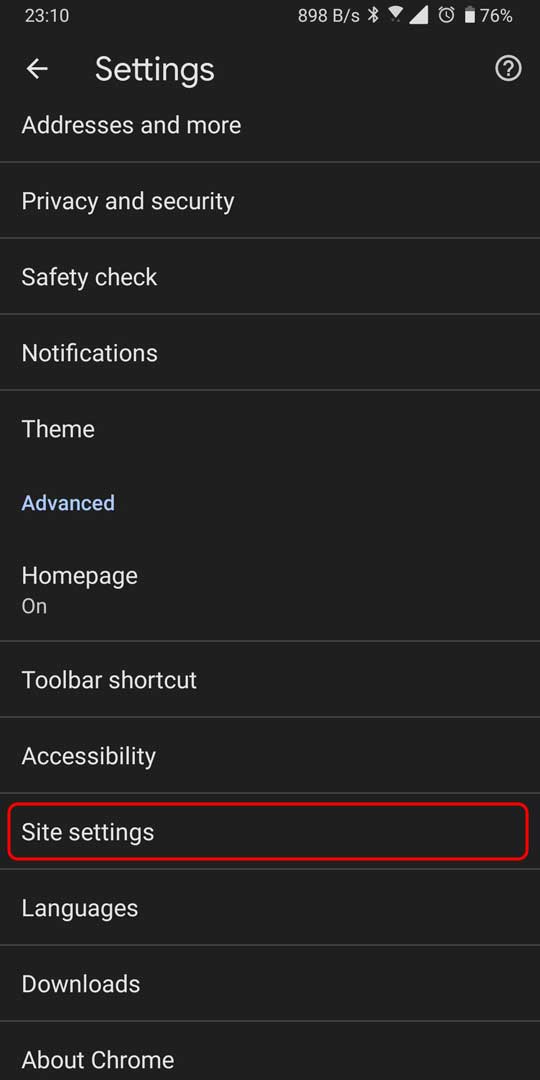 site settings chrome android
