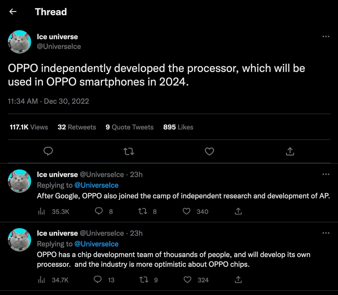 tangkapan layar tweet ice universe soal chipset oppo di tahun 2024
