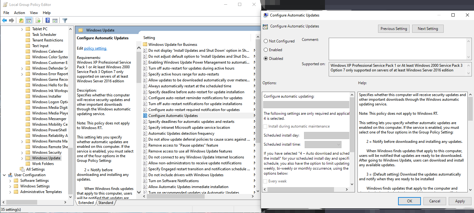Disabled Automatic Updates via Local Group Policy Editor