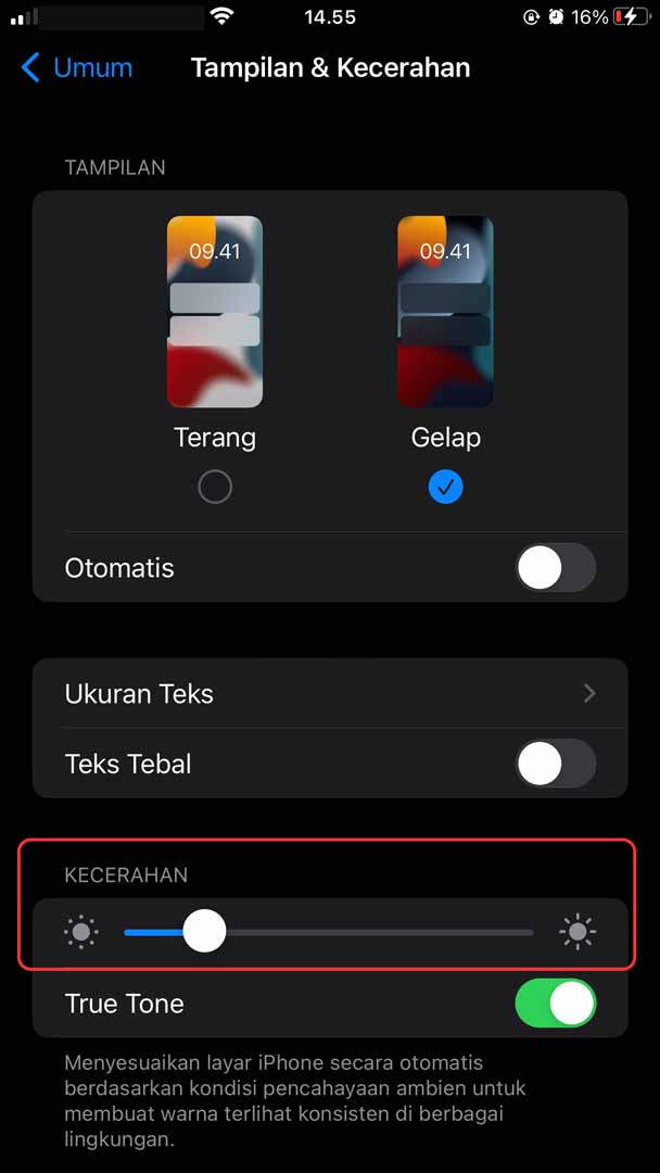 mengatur kecerahan layar iphone di pengaturan