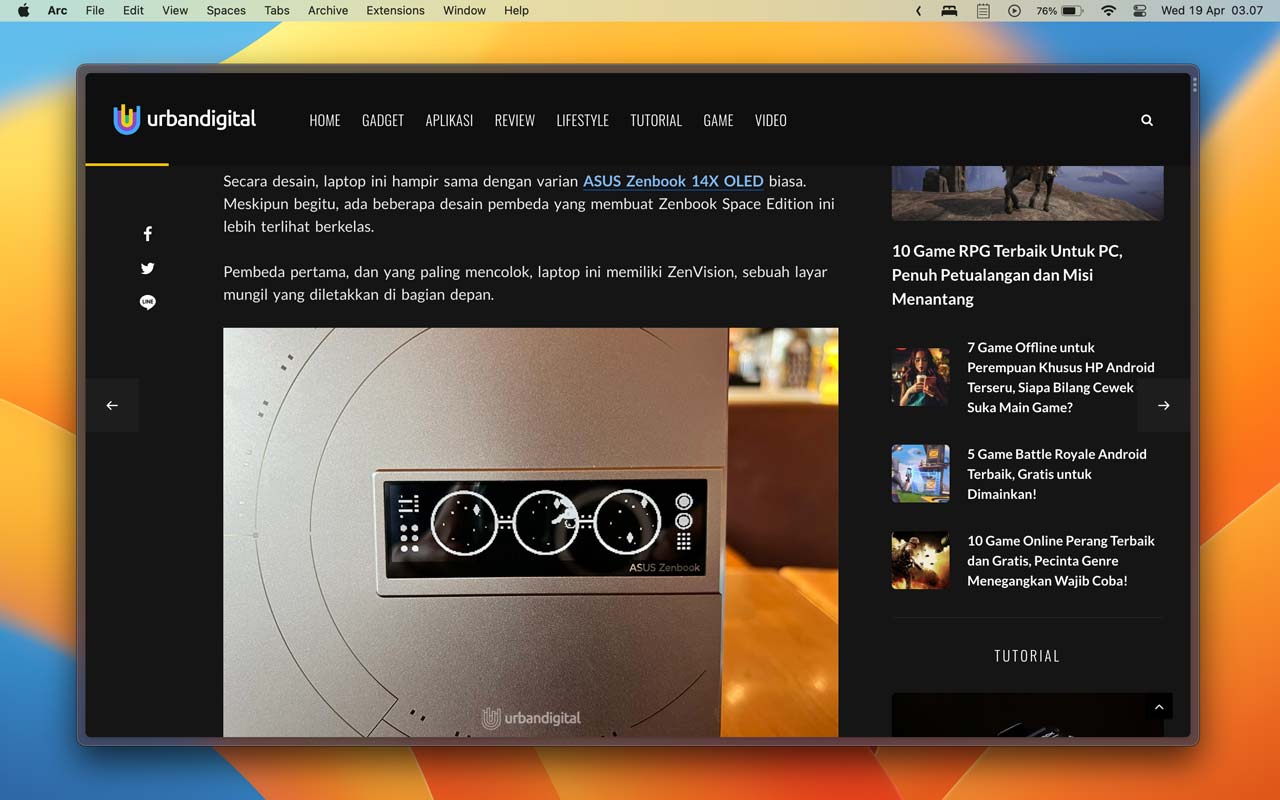 tampilan full page website di arc browser