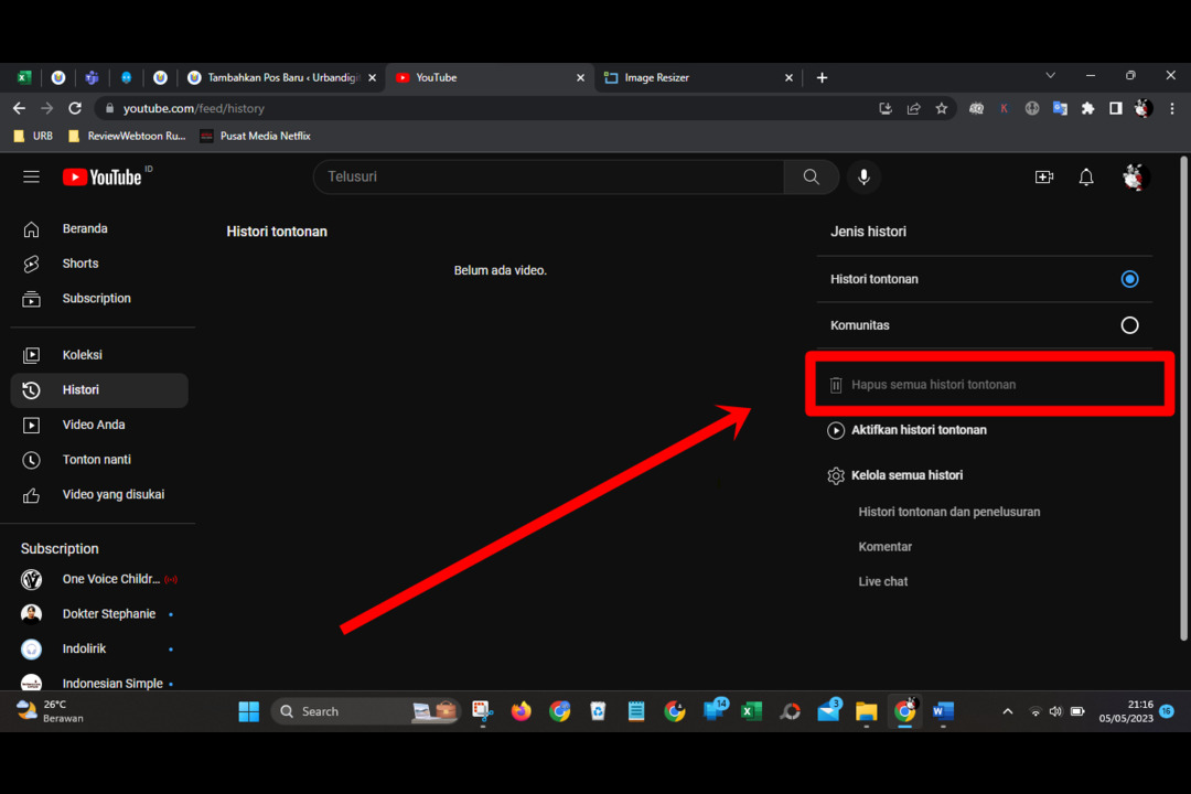 cara menghapus history youtube di laptop