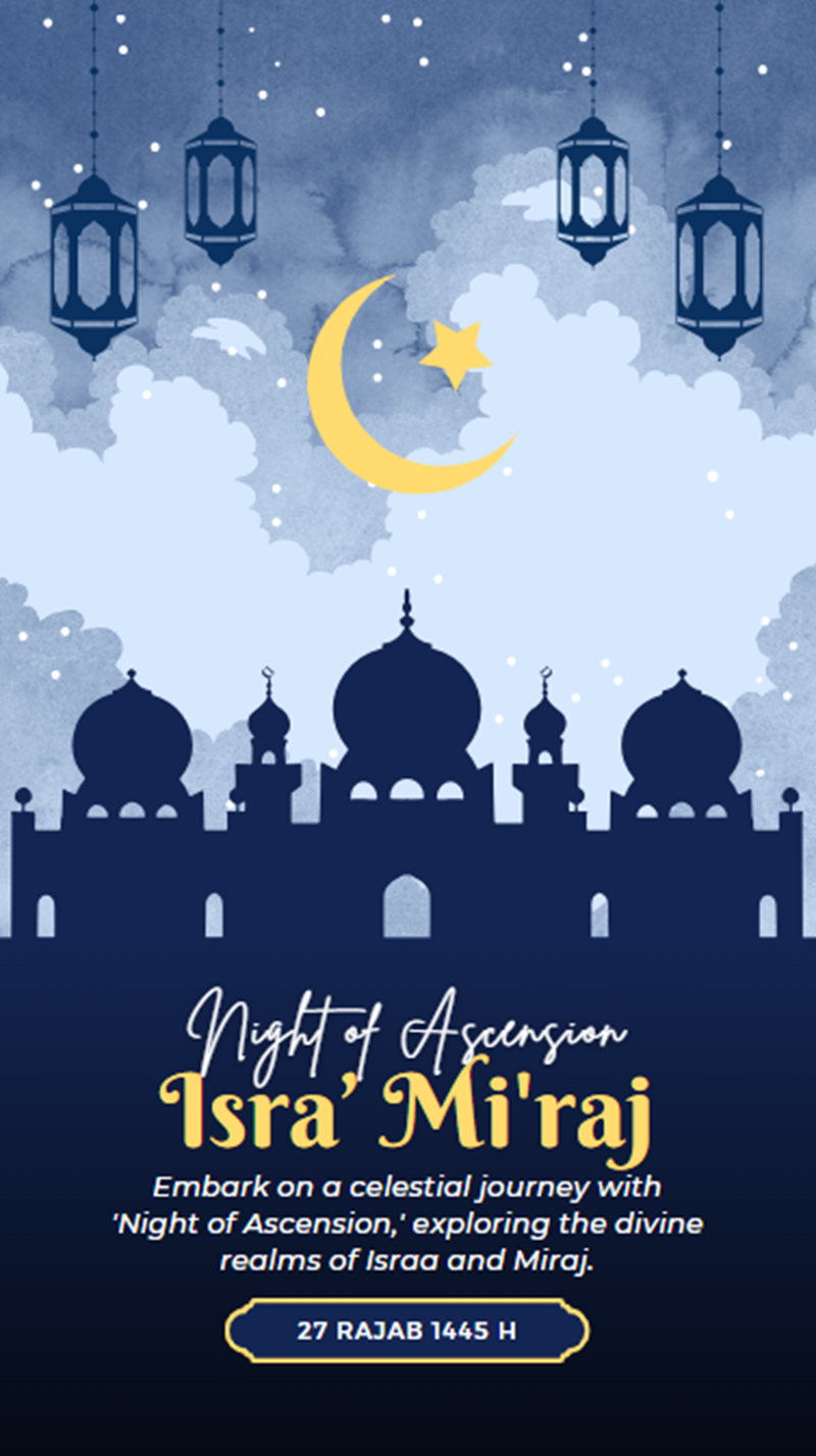 Blue Watercolor Illustrative Isra Miraj Muhammad Greeting