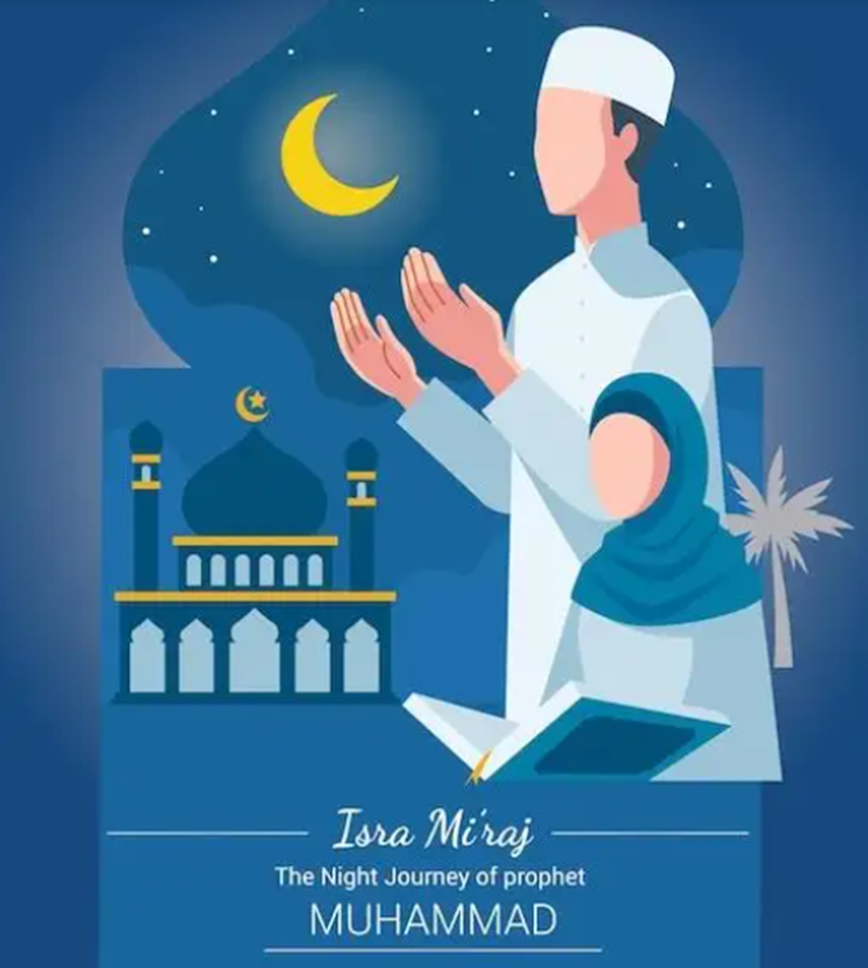 Desain Poster Isra Miraj dengan Orang Sedang Berdoa