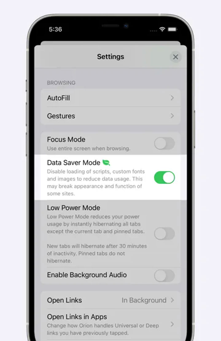 tampilan fitur data saver di browser orion ios