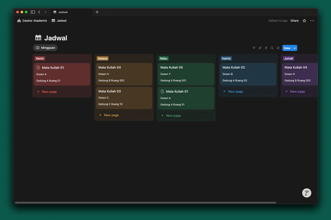contoh board jadwal kuliah di Notion