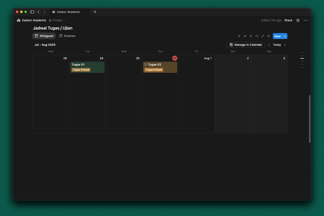contoh database kalender untuk tugas dan ujian di Notion