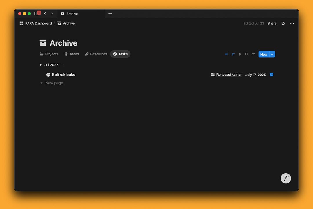 gambar database Archive dari PARA Dashboard