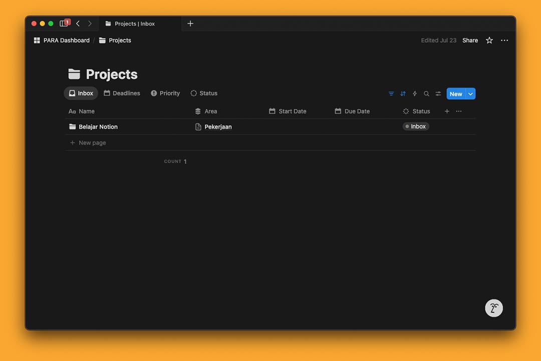 gambar database Project dari PARA dashboard