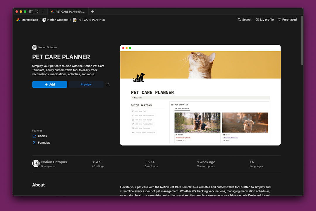 gambar halaman template di Marketplace di aplikasi Notion