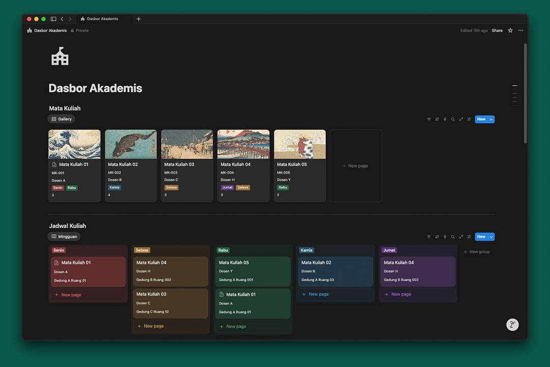 contoh tampilan dasbor akademis di Notion