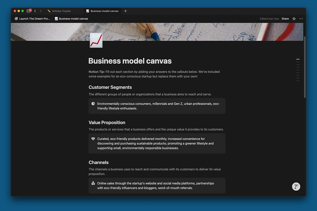 gambar template Business Model Canvas di Notion