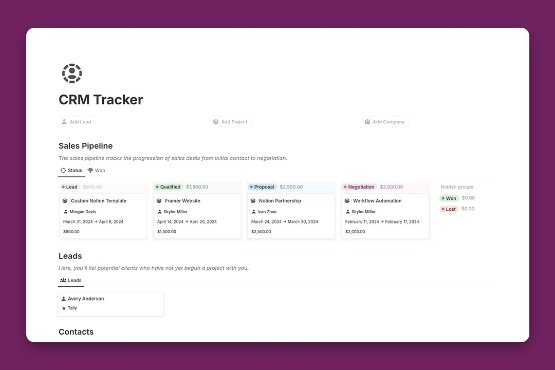 gambar template CRM Tracker dari Simo