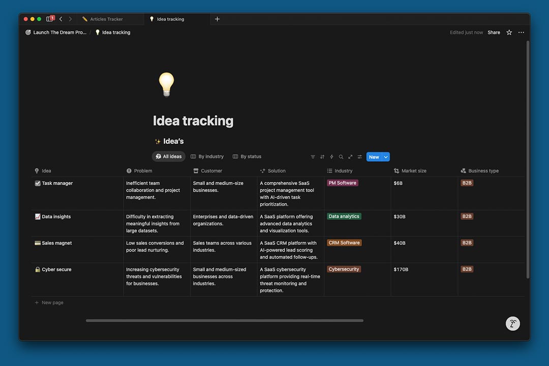gambar template idea tracking di notion