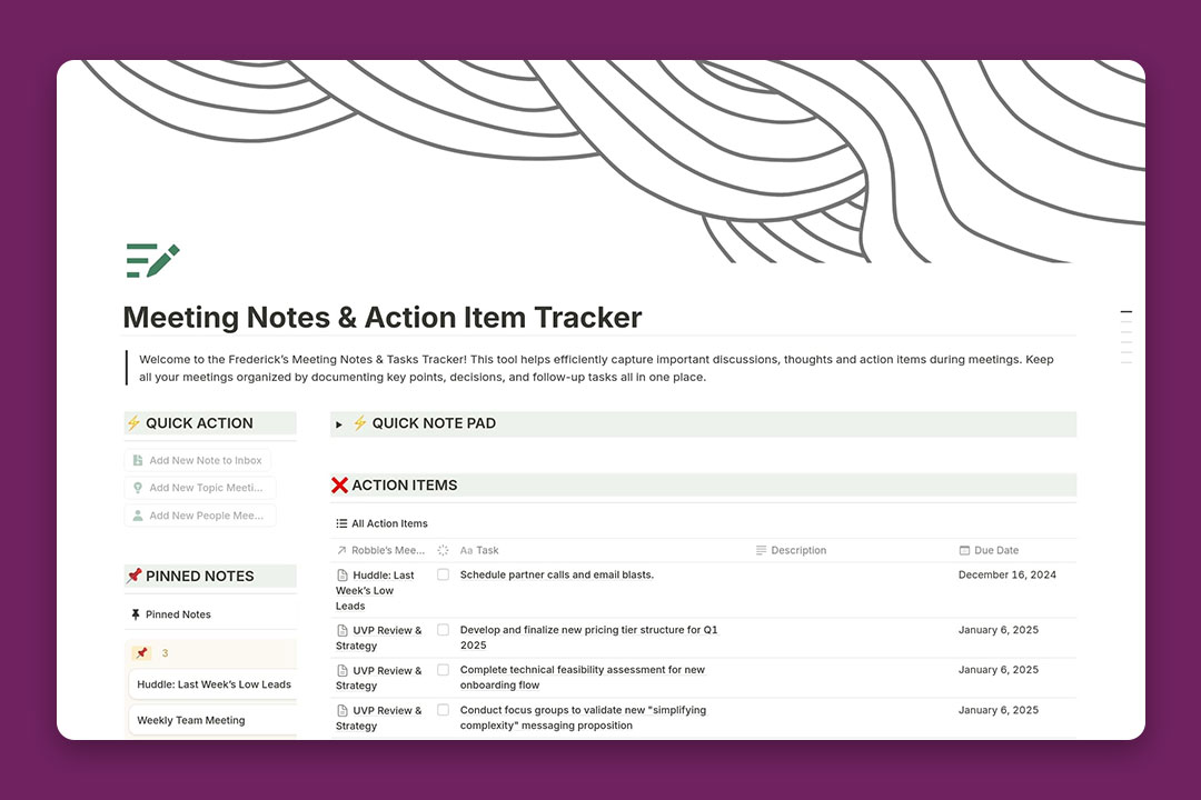 gambar template Meeting Notes Tracker dari Robbie Frederick