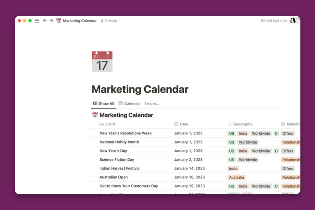 gambar template Marketing Calendar dari Notion