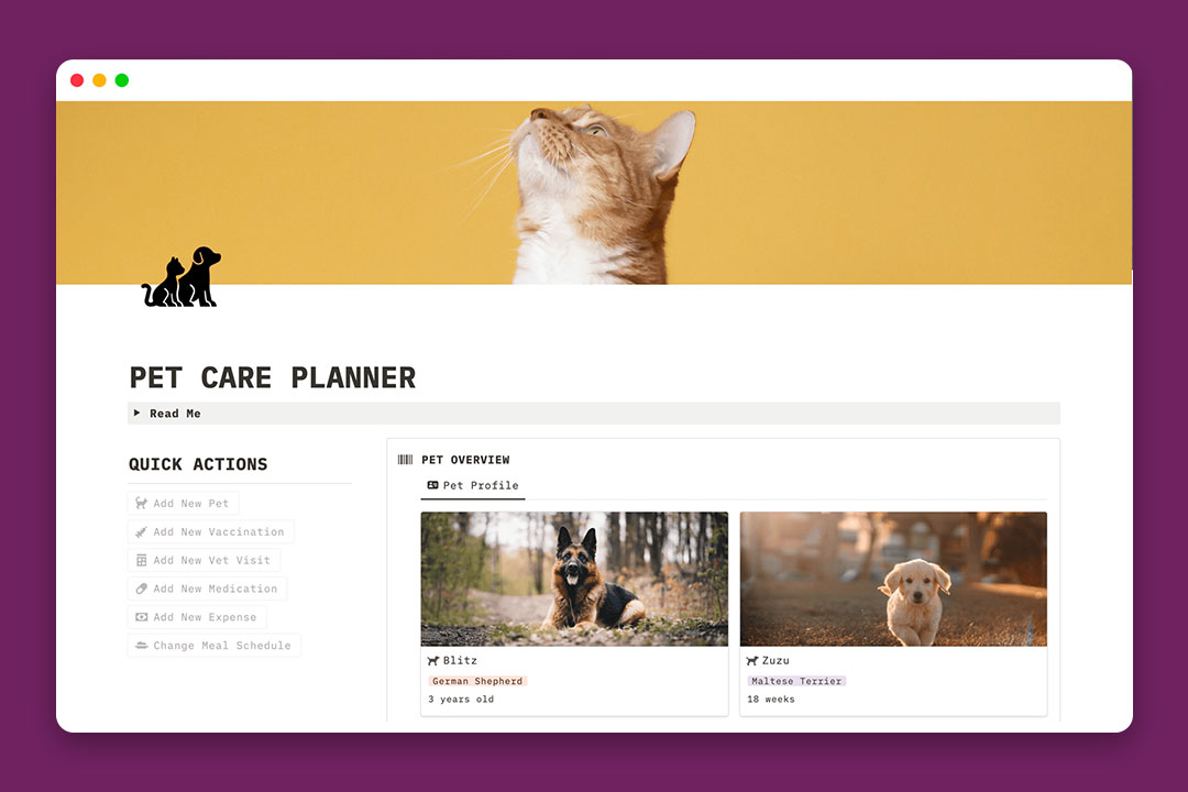 gambar template Pet Tracker dari Notion Octopus