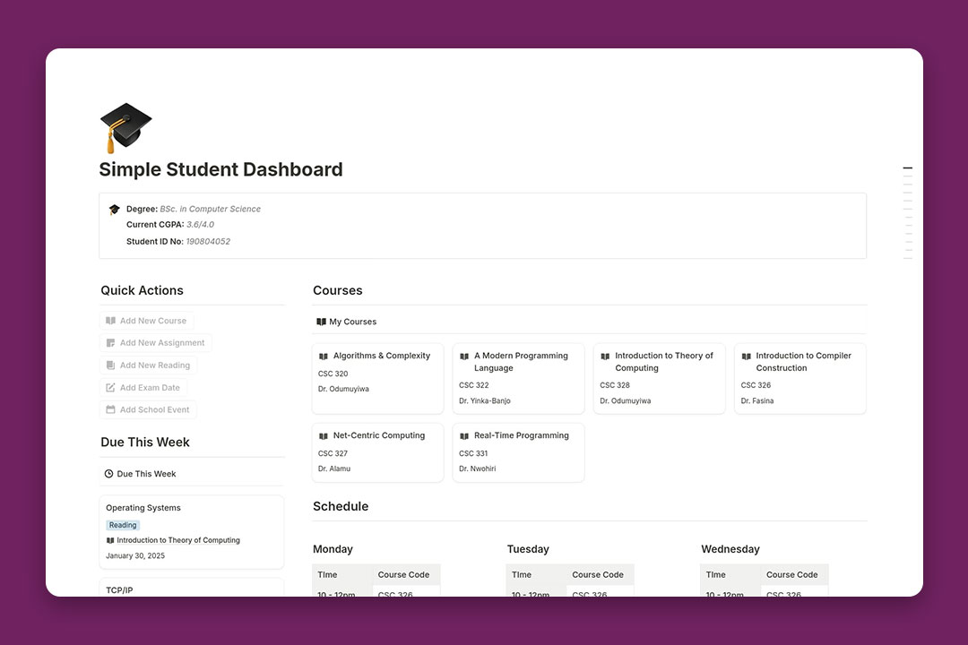 gambar template Simple Student Dashboard dari Dee Caulcrick